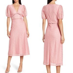 NSR Puff Sleeve Lace Midi Dress, Size Medium, 6/8,‎ Pink, NWT